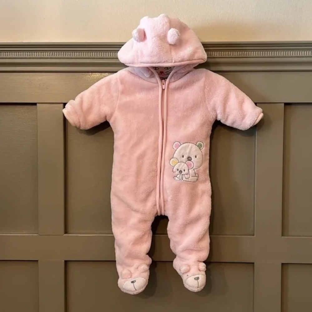 Absorba Hooded Snow Suit Baby Pink Bear Footies Cozy Soft Size 0-3 Months